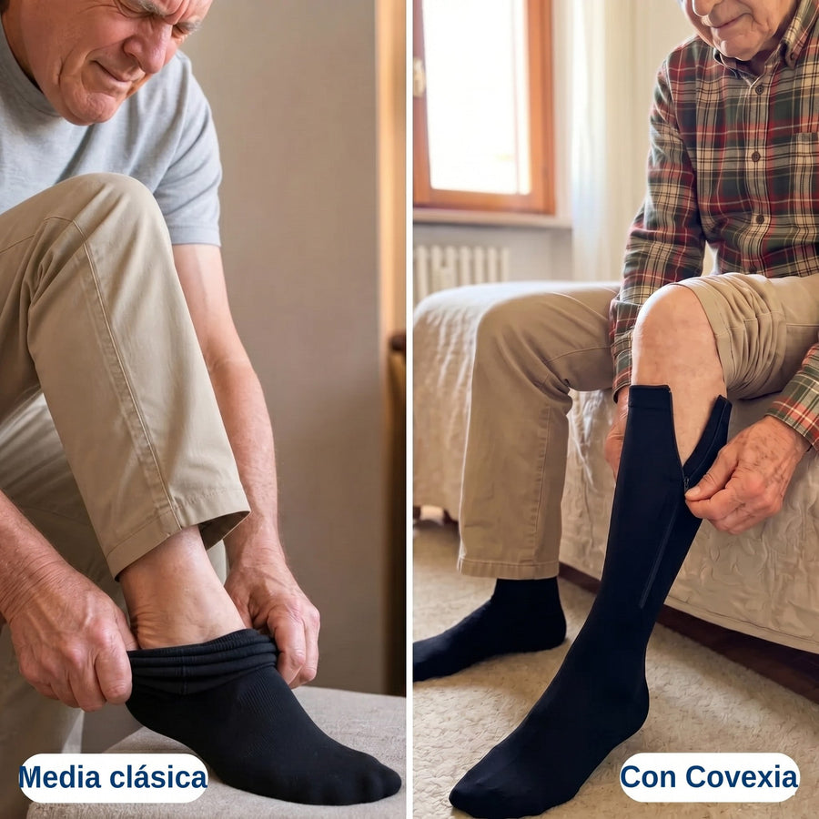 Calza classica a confronto con Covexia: facile da indossare grazie alla zip