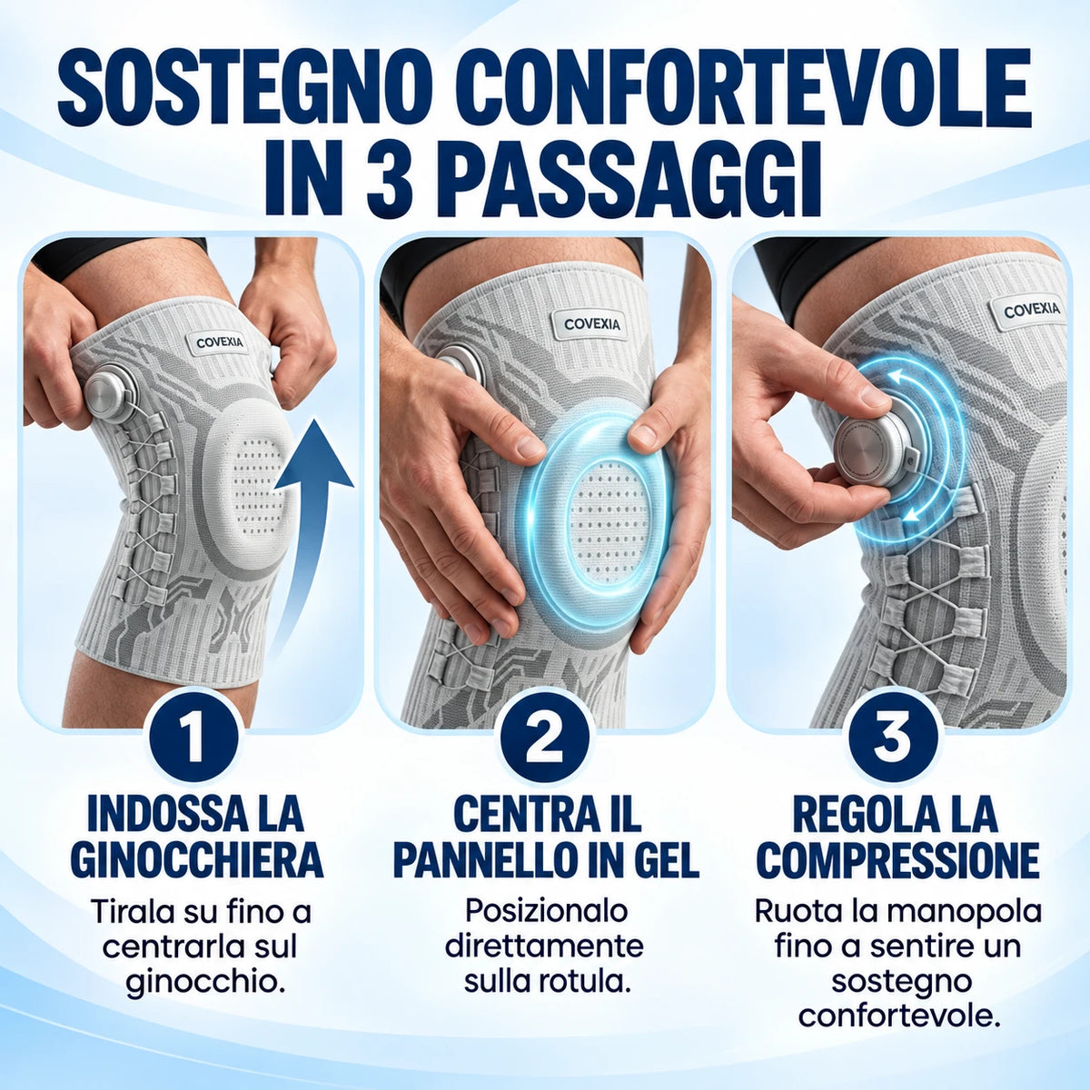 Come indossare la ginocchiera Covexia in 3 passaggi