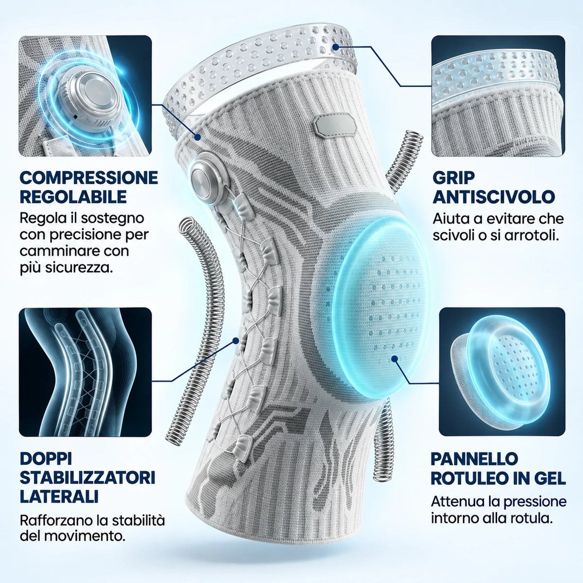 Ginocchiera Covexia: compressione regolabile, grip antiscivolo, doppi stabilizzatori laterali e pannello rotuleo in gel