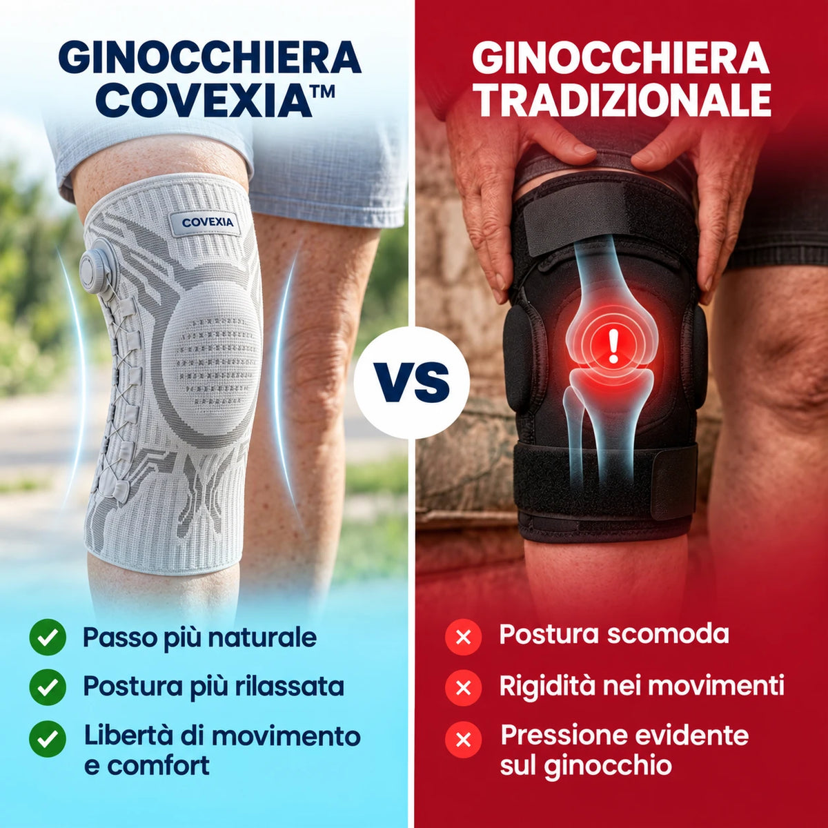 Ginocchiera Covexia a confronto con una ginocchiera tradizionale